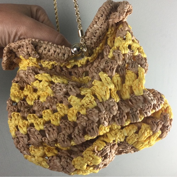 NWOT Loeffler Randall Willa Woven Raffia Ruched Yellow & Natural Clutch - Picture 6 of 13